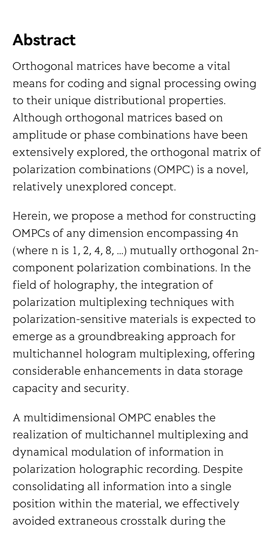 Orthogonal matrix of polarization combinations: concept and application to multichannel holographic recording_2