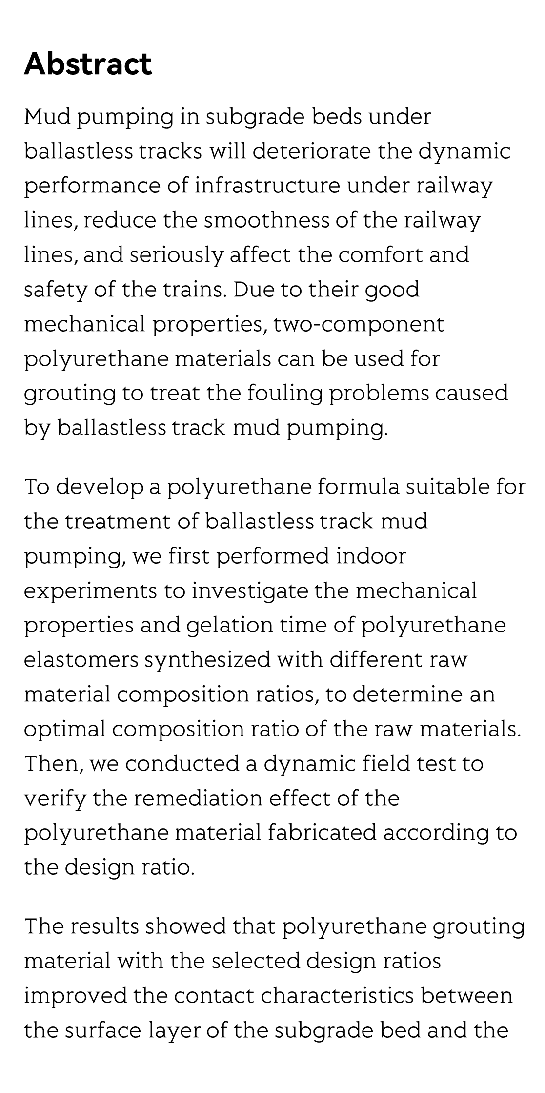 Polyurethane grouting materials with different compositions for the treatment of mud pumping in ballastless track subgrade beds: properties and application effect_2