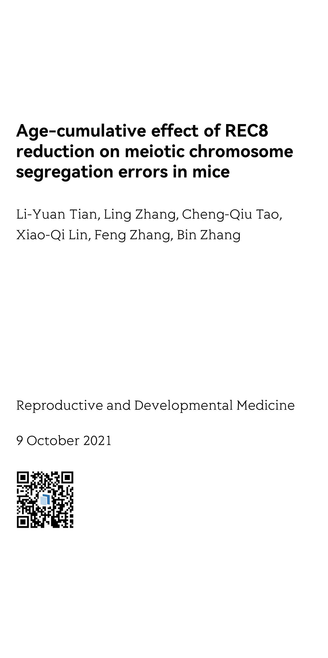 Age-cumulative effect of REC8 reduction on meiotic chromosome segregation errors in mice_1