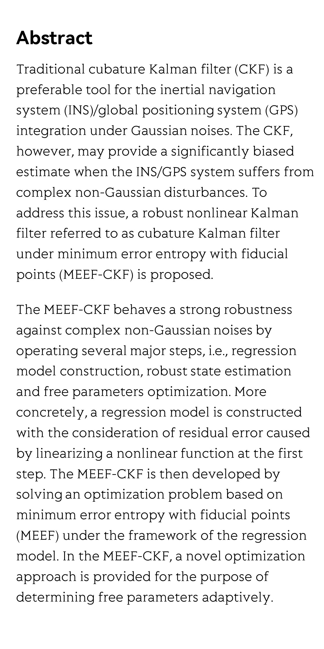 Cubature Kalman Filter Under Minimum Error Entropy With Fiducial Points for INS/GPS Integration_2