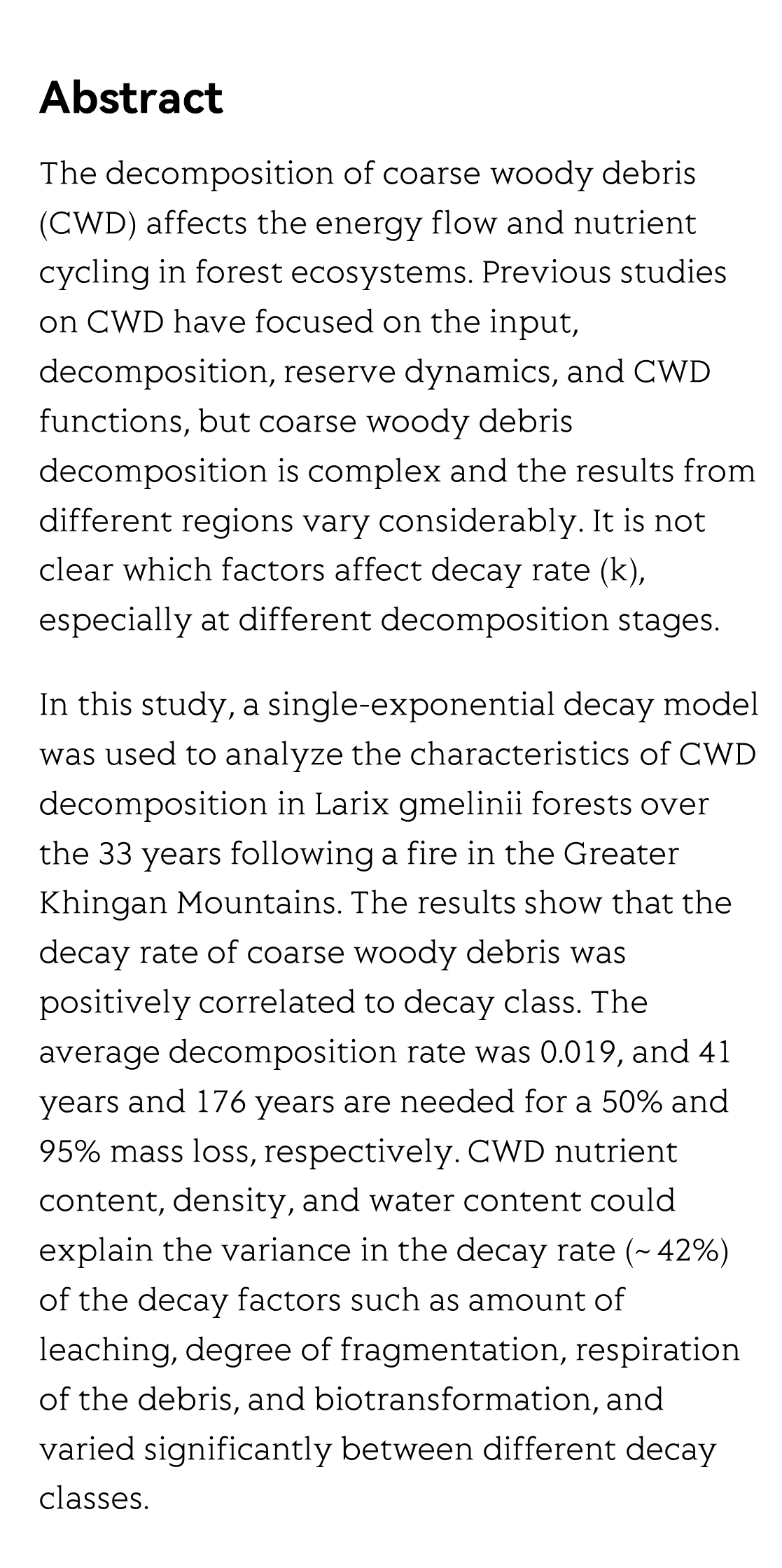 Decay rate of Larix gmelinii coarse woody debris on burned patches in the Greater Khingan Mountains_2