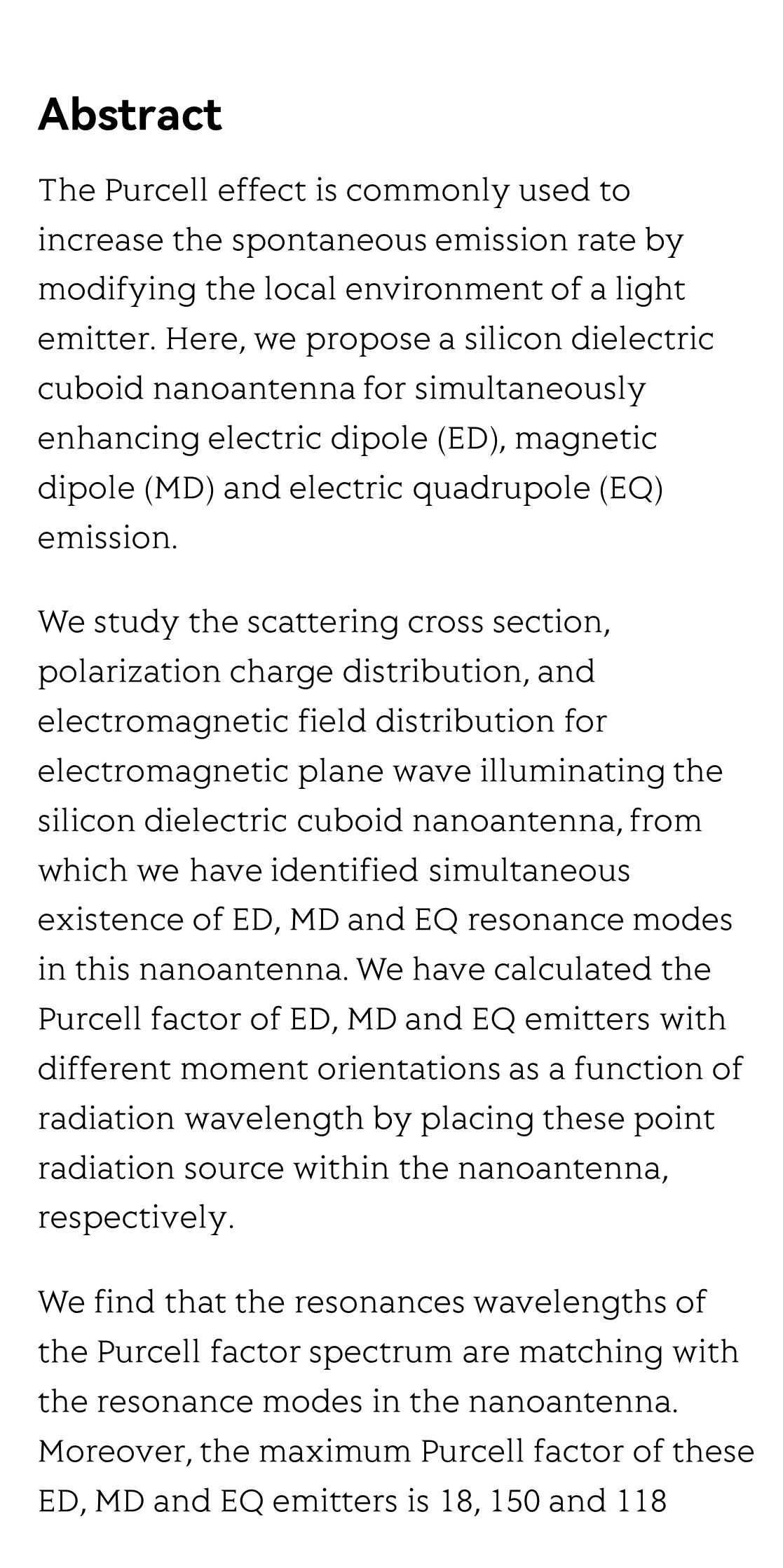 Silicon cuboid nanoantenna with simultaneous large Purcell factor for electric dipole, magnetic dipole and electric quadrupole emission_2