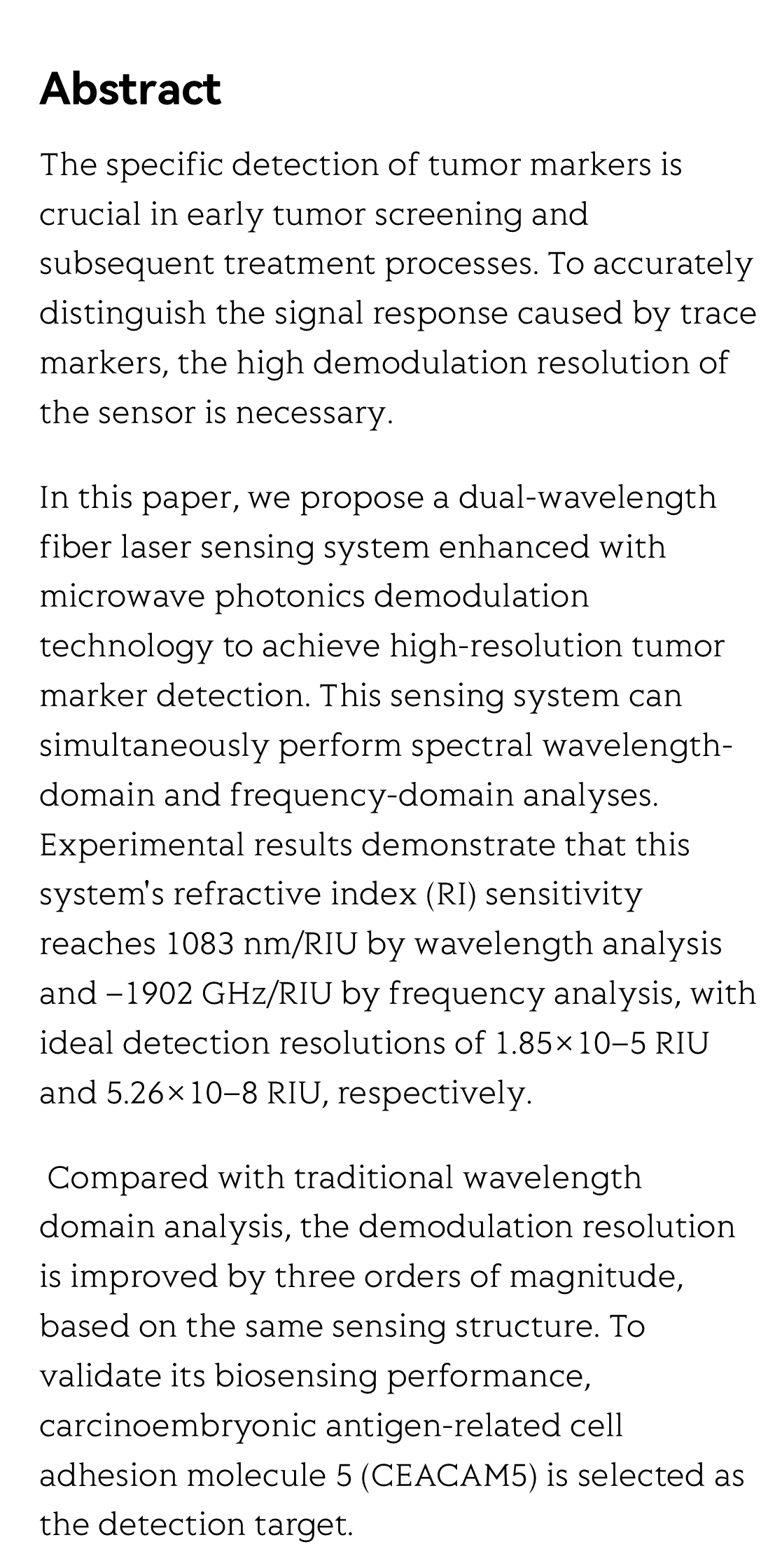 High-resolution tumor marker detection based on microwave photonics demodulated dual wavelength fiber laser sensor_2