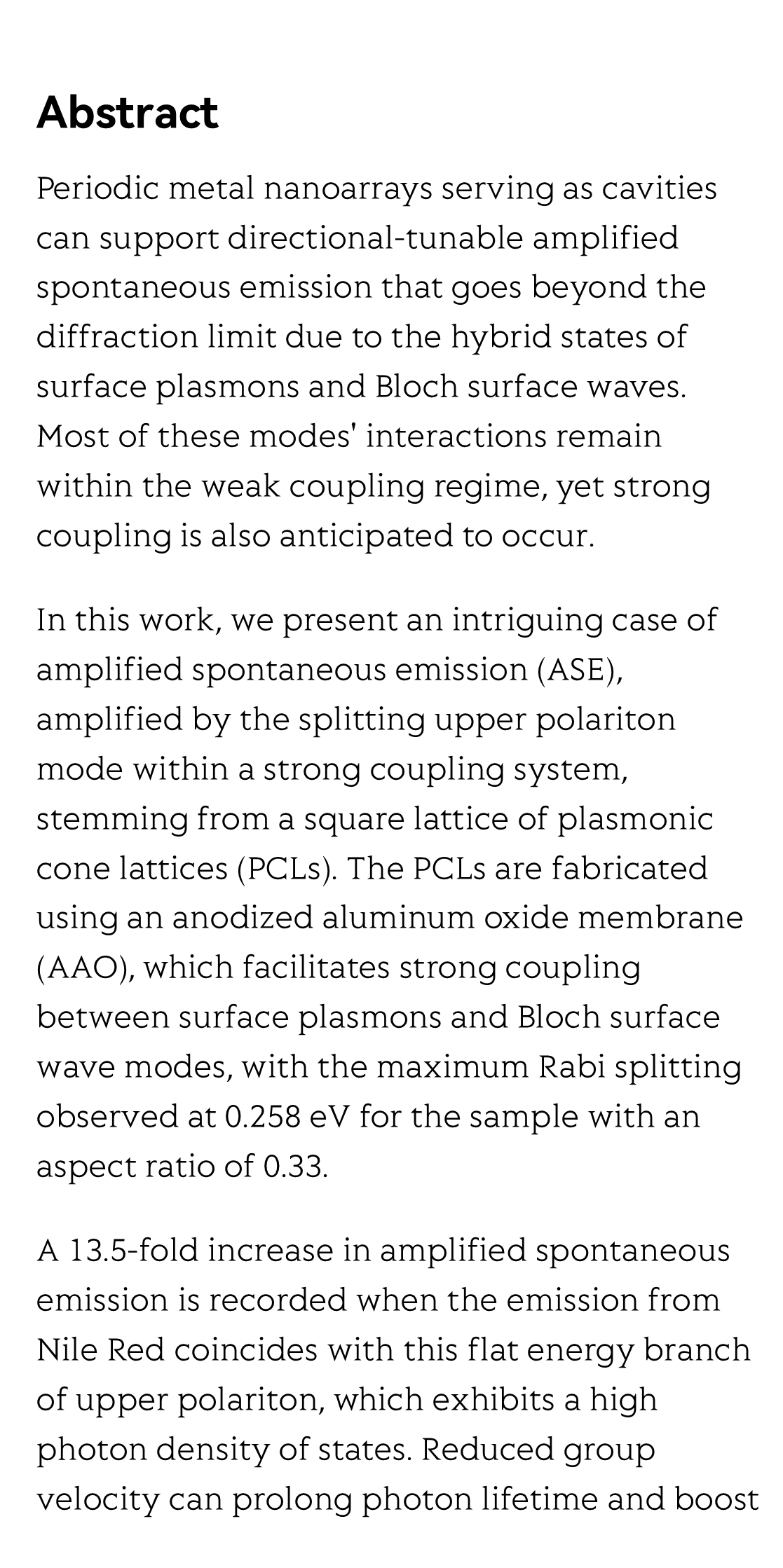 Enhanced amplified spontaneous emission via splitted strong coupling mode in large-area plasmonic cone lattices_2