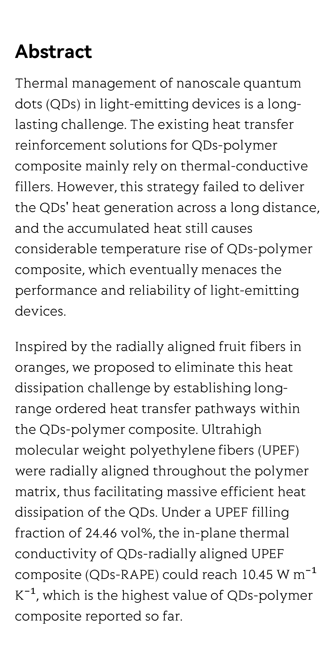 Paving continuous heat dissipation pathways for quantum dots in polymer with orange-inspired radially aligned UHMWPE fibers_2