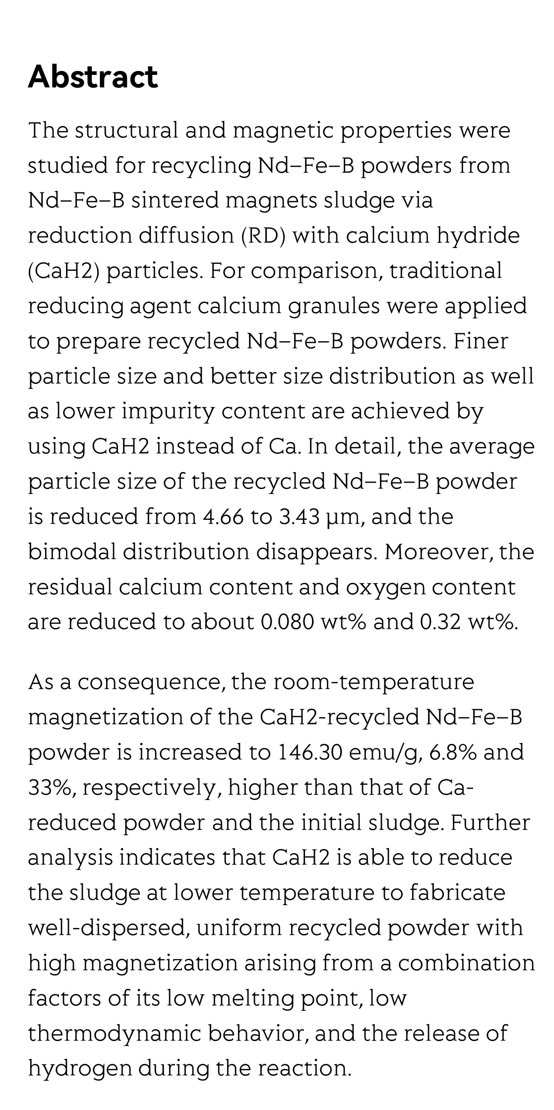 Calcium hydride reduced high-quality Nd–Fe–B powder from Nd–Fe–B sintered magnet sludge_2