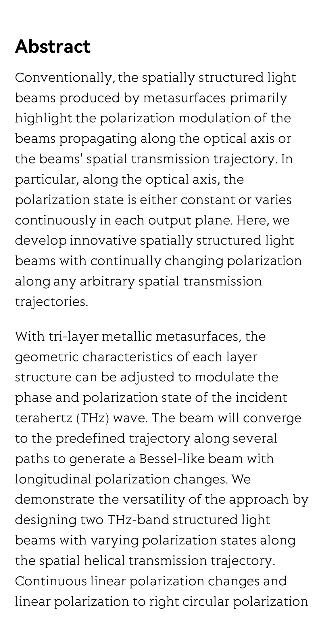 Generation of structured light beams with polarization variation along arbitrary spatial trajectories using tri-layer metasurfaces_2