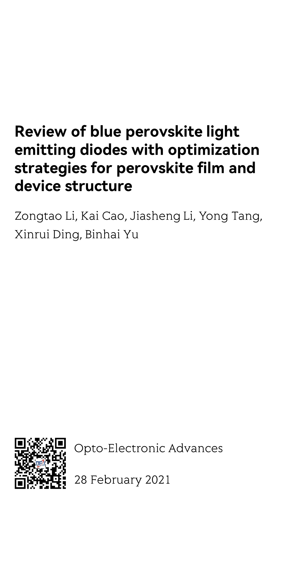 Review of blue perovskite light emitting diodes with optimization strategies for perovskite film and device structure_1