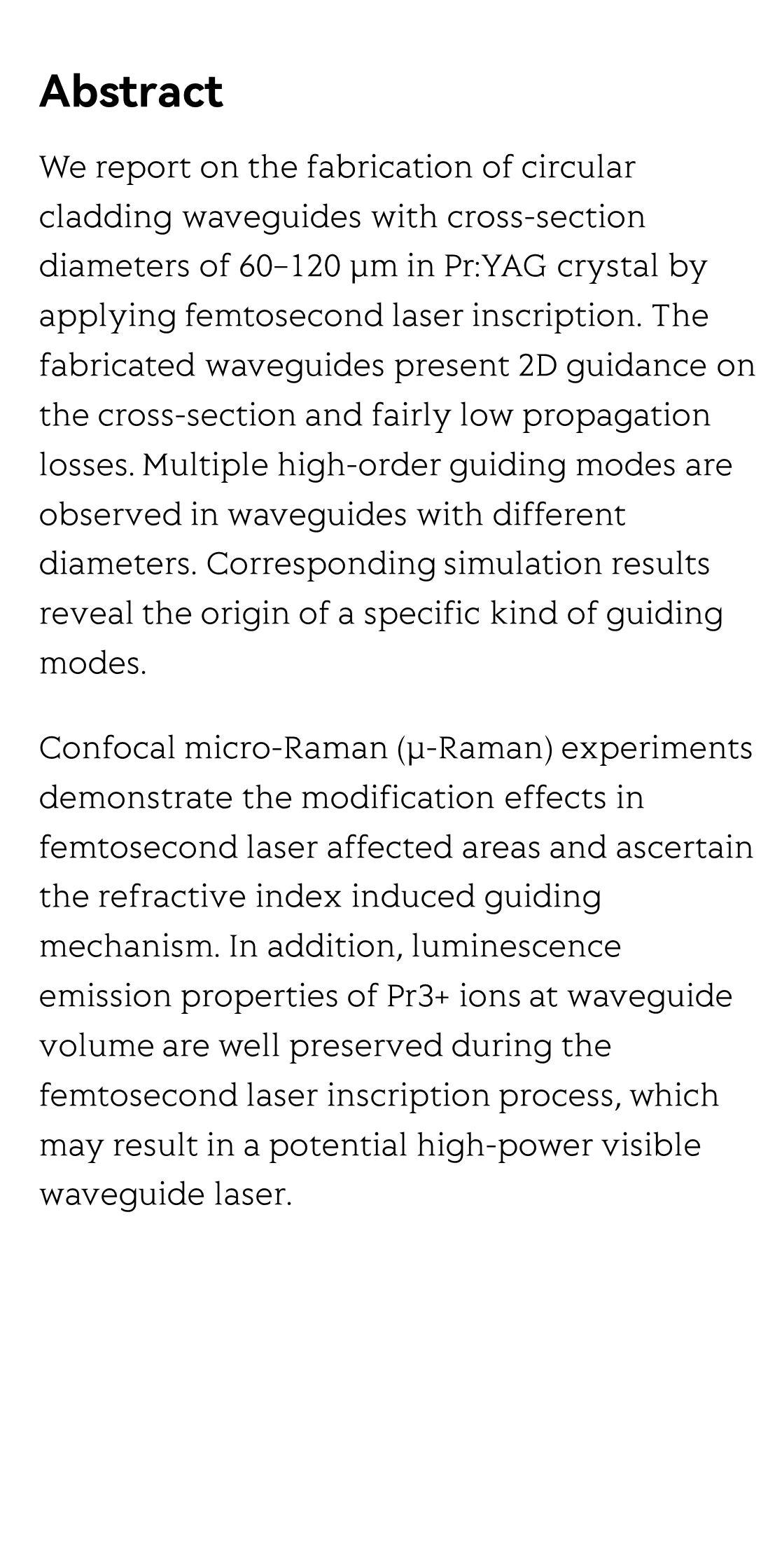 Circular cladding waveguides in Pr:YAG fabricated by femtosecond laser inscription: Raman, luminescence properties and guiding performance_2