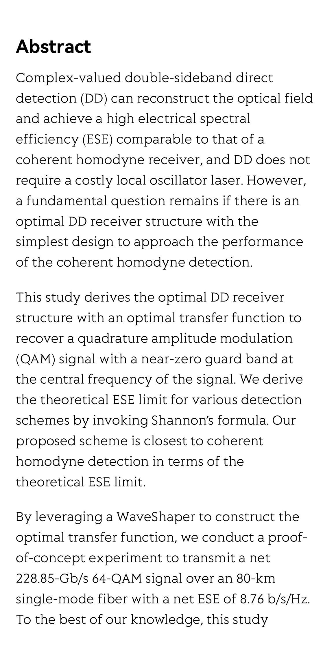 Direct detection with an optimal transfer function: toward the electrical spectral efficiency of coherent homodyne detection_2