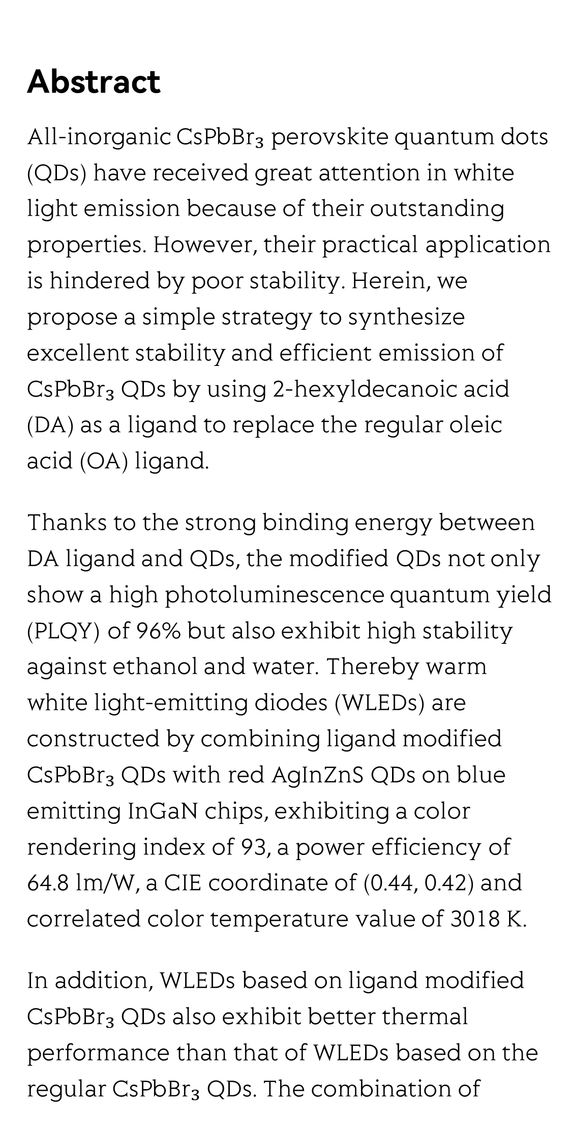 Highly efficient emission and high-CRI warm white light-emitting diodes from ligand-modified CsPbBr3 quantum dots_2