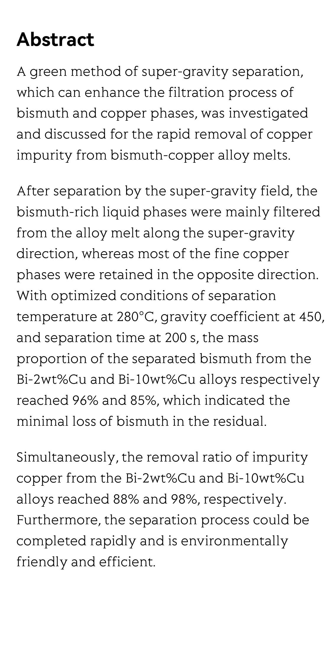 Rapid removal of copper impurity from bismuth-copper alloy melts via super-gravity separation_2