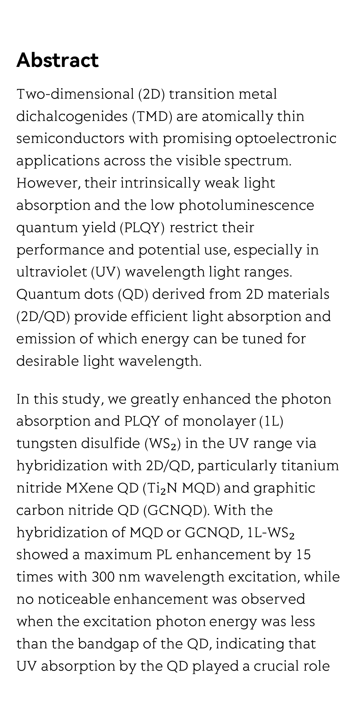 Highly enhanced UV absorption and light emission of monolayer WS2 through hybridization with Ti2N MXene quantum dots and g-C3N4 quantum dots_2