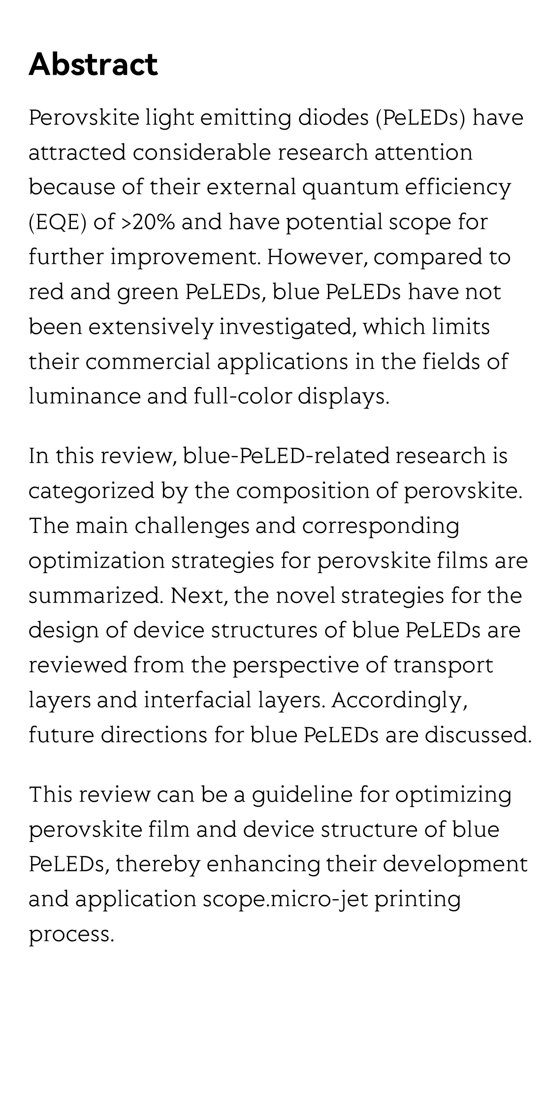 Review of blue perovskite light emitting diodes with optimization strategies for perovskite film and device structure_2