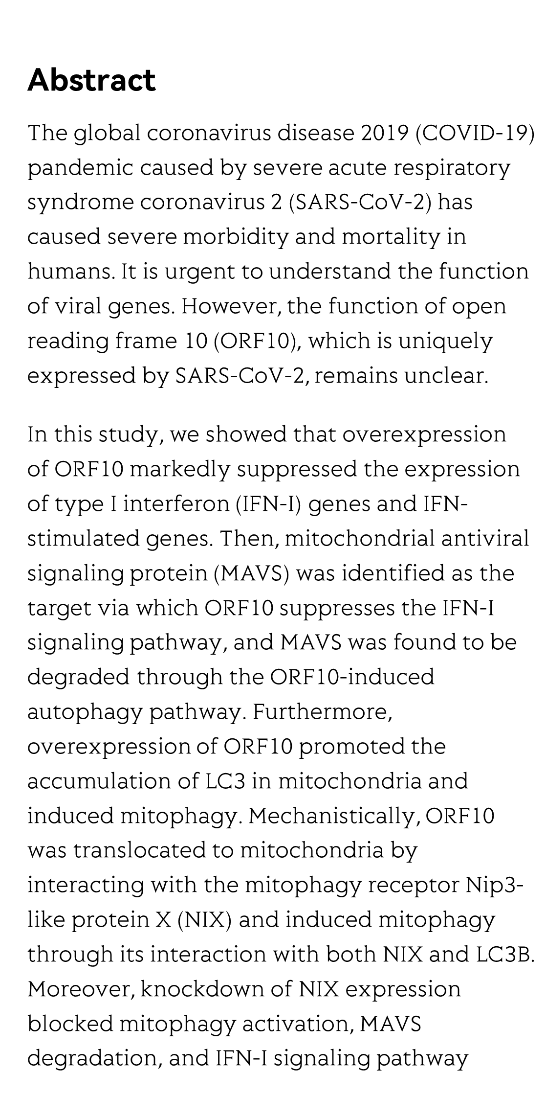 SARS-CoV-2 ORF10 suppresses the antiviral innate immune response by degrading MAVS through mitophagy_2