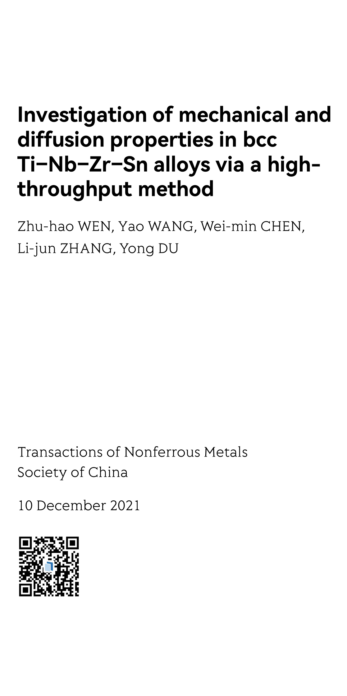 Investigation of mechanical and diffusion properties in bcc Ti−Nb−Zr−Sn alloys via a high-throughput method_1