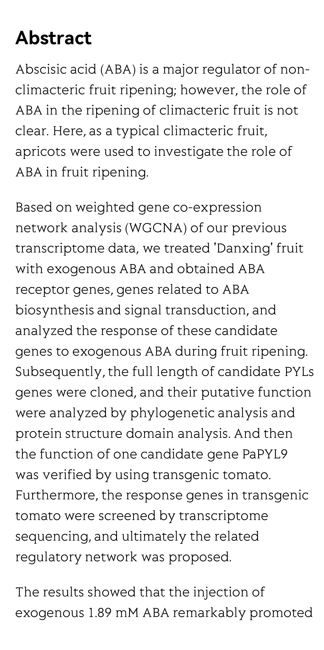 PaPYL9 is Involved in the Regulation of Apricot Fruit Ripening through ABA Signaling Pathway_2