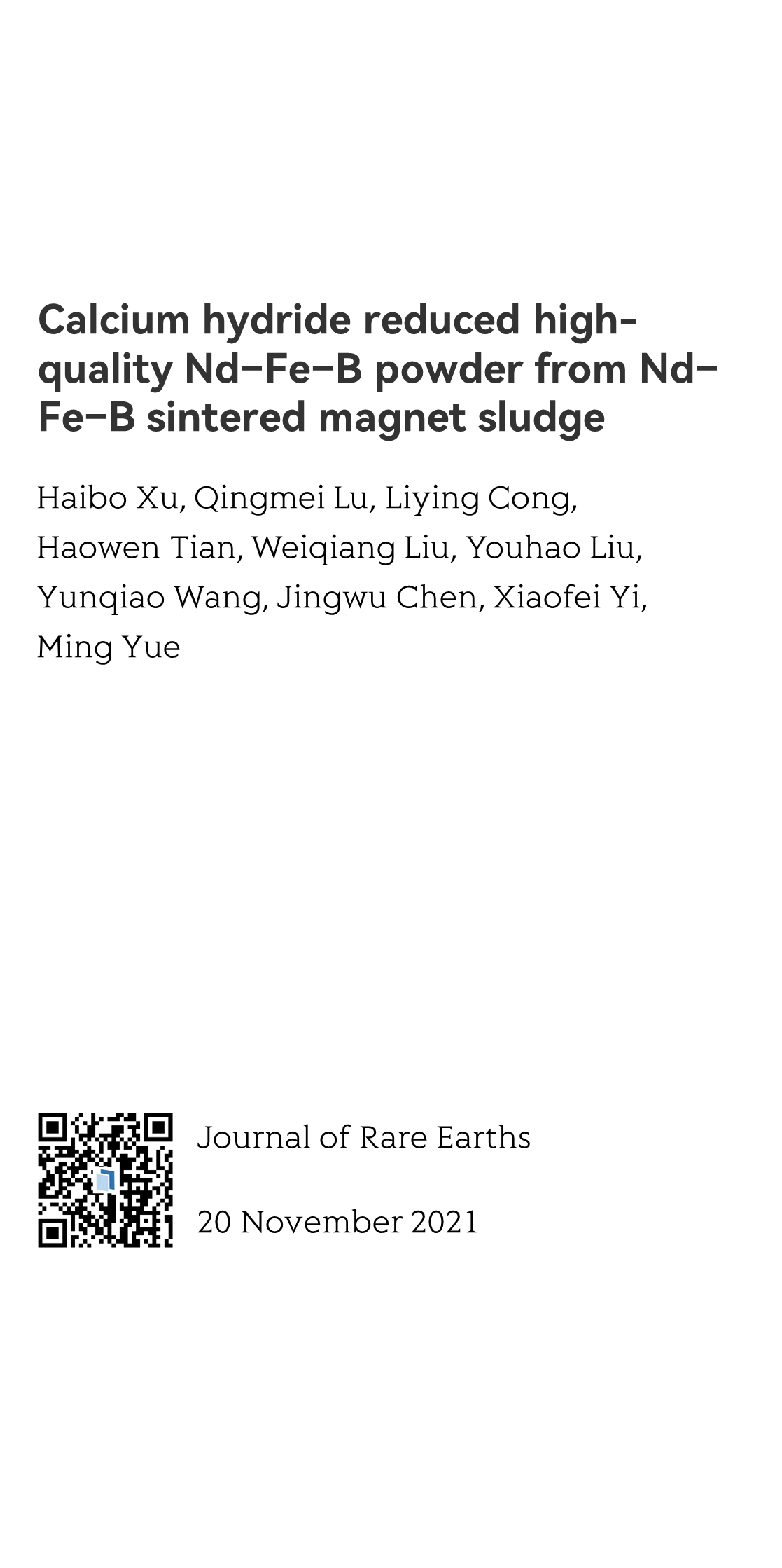 Calcium hydride reduced high-quality Nd–Fe–B powder from Nd–Fe–B sintered magnet sludge_1