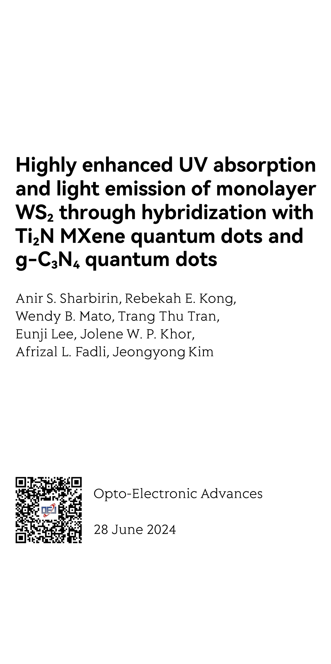 Highly enhanced UV absorption and light emission of monolayer WS2 through hybridization with Ti2N MXene quantum dots and g-C3N4 quantum dots_1